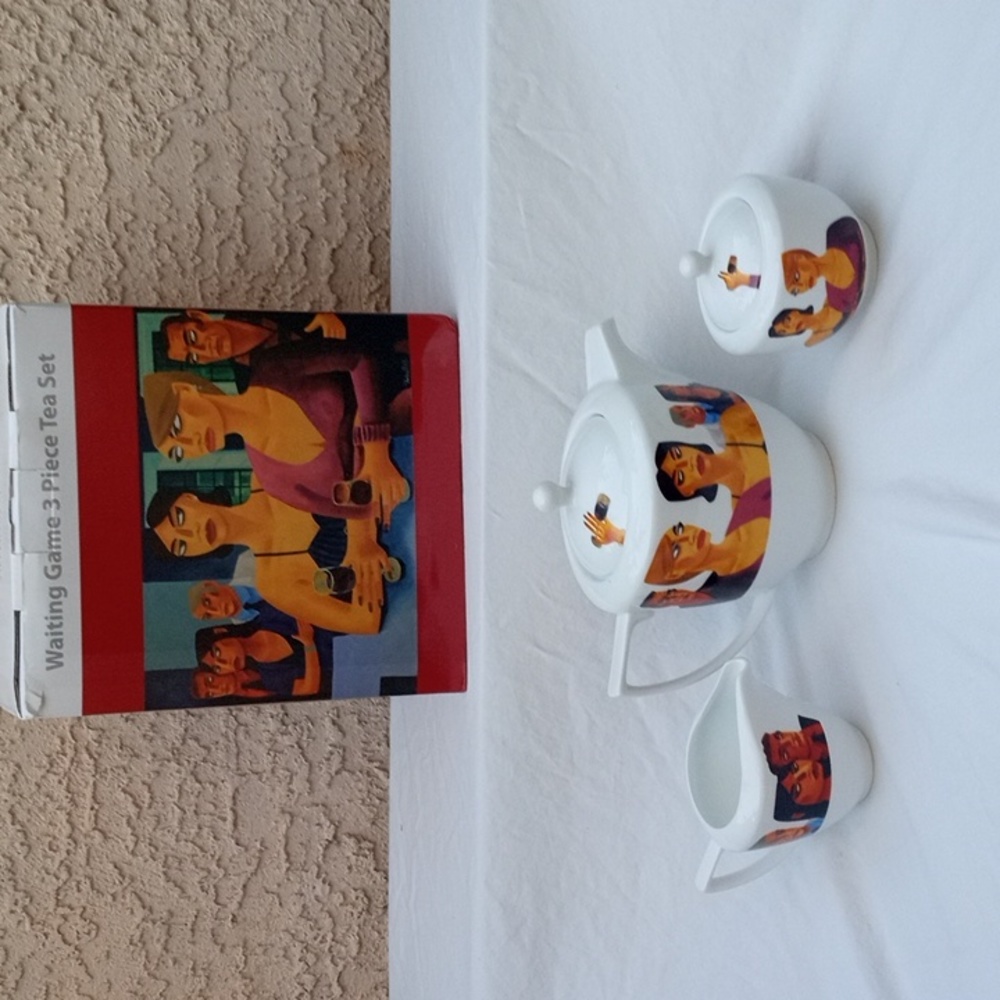 Graham Knuttel Porcelain 3 pc Tea Set Cafe Collection Waiting Game